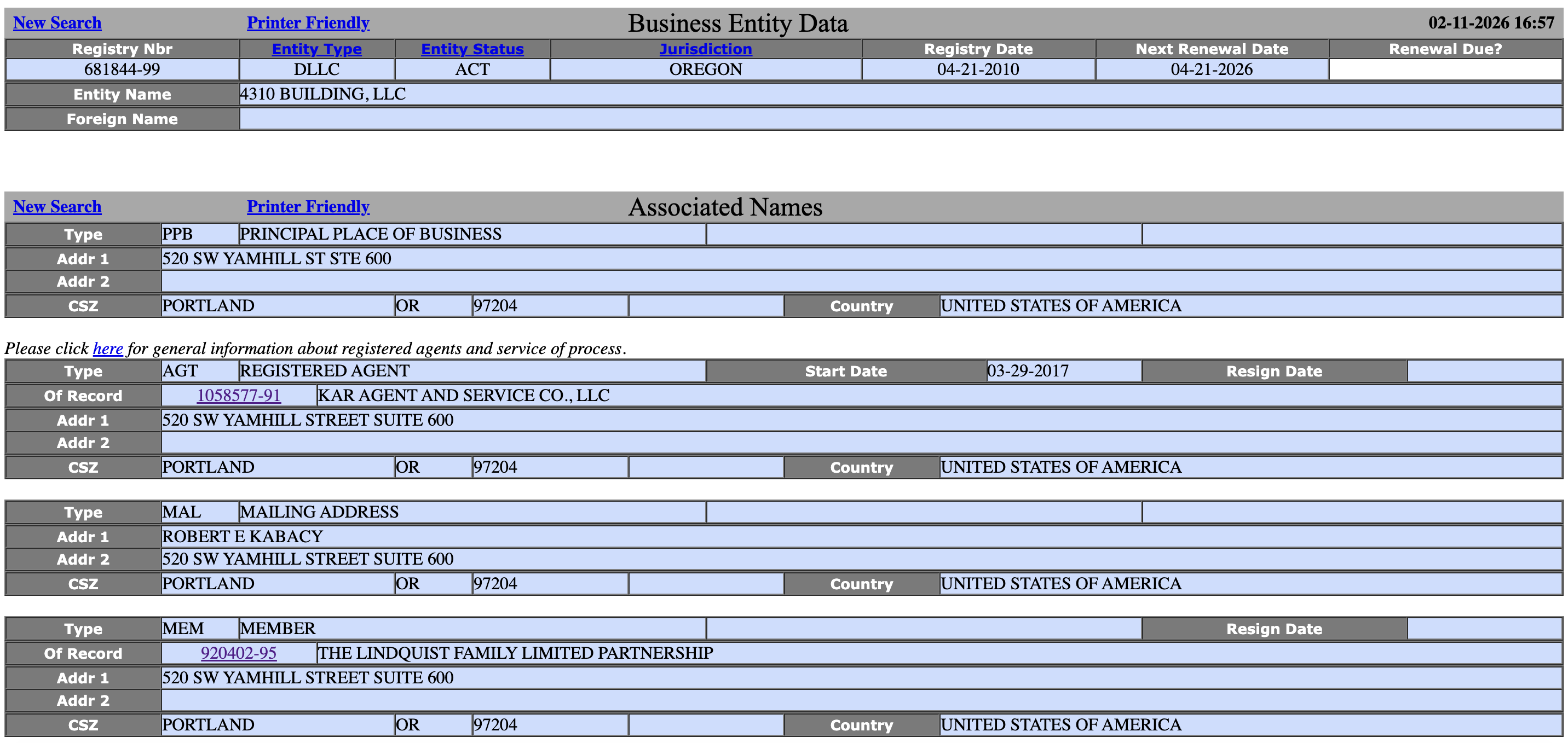 A business entity data screen displays information about a company, including registry number, status, jurisdiction, and associated names.